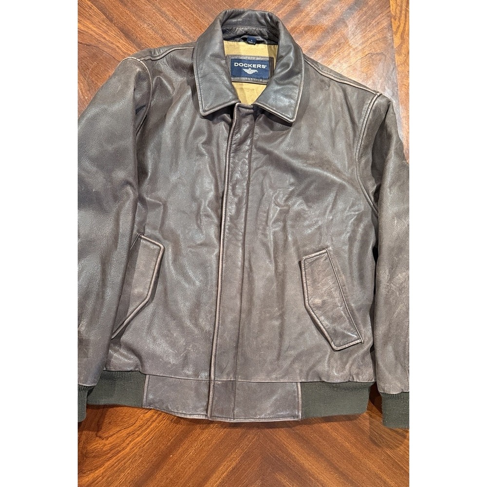 Dockers Mens Brown Leather Bomber Jacket Large L‎ Zip Front Lined Ribbed Hem